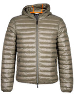 Piumino Markup verde militare con cappuccio e zip frontale, trapuntatura orizzontale