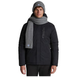 Giacca impermeabile nera con cappuccio e zip frontale, tasche laterali