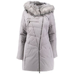Cappotto piumino lungo grigio con cappuccio in pelliccia e zip frontale