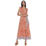 Abito lungo arancione smanicato con motivo paisley, cintura annodata