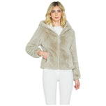 Giacca ecopelliccia reversibile beige con cappuccio e zip frontale