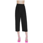 Pantaloni neri a gamba larga 7/8 con cintura e chiusura con bottone