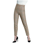 Pantaloni vita alta beige a quadri, gamba affusolata