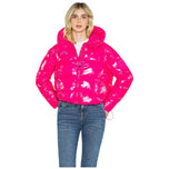 Piumino corto rosa con cappuccio e zip frontale, imbottito, maniche lunghe