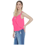 Top KURHAH fuxia senza maniche con scollo a V e volant