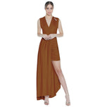 Vestito lungo smanicato bronzo con scollo a V e cintura annodata