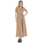 Vestito lungo camicia caramello con cintura e bottoni, maniche corte