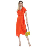 Vestito lungo arancione con scollo a V e maniche corte, cintura in vita