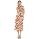 Vestito lungo beige a fiori con maniche corte e collo alto