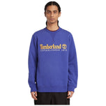 Felpa Timberland blu melange con stampa frontale e logo giallo, girocollo