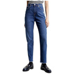 Jeans donna vita alta carrot blu, gamba affusolata, orlo sfilacciato