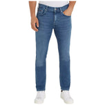 Jeans da uomo blu con cinque tasche, patta con bottoni e passanti cintura