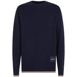 Maglione Tommy Hilfiger blu con scollo rotondo e righe al fondo.