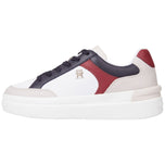 Sneakers bianche con pannelli navy, inserti bordeaux e lacci scuri, lato con logo H.