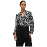 Blusa con scollo a V e maniche lunghe, stampa blu navy e bianco