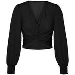 Blusa nera a scollo a V, maniche lunghe a palloncino, nodo frontale
