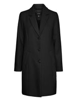 Cappotto nero lungo con revers a lancia e chiusura con bottoni