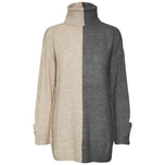 Maglia lunga a collo alto bicolore beige e grigio, maniche lunghe