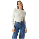 Pullover panna in maglia a coste con scollo rotondo e maniche lunghe