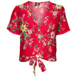 Top rosso con fiori, scollo a V e nodo in vita, maniche corte