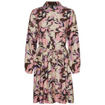 Vestito a camicia rosa con stampa multicolore, bottoni e maniche a palloncino