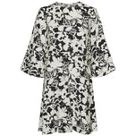 Vestito corto con maniche 3/4, bianco e nero a fiori, scollo rotondo