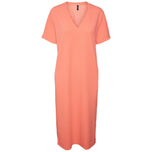 Vestito lungo pesca con scollo a V e maniche corte