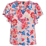 Blusa rosa a fiori con scollo a V e maniche corte