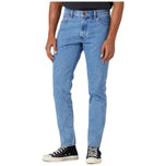 Jeans uomo blu chiaro a gamba dritta con tasche anteriori e passanti cintura