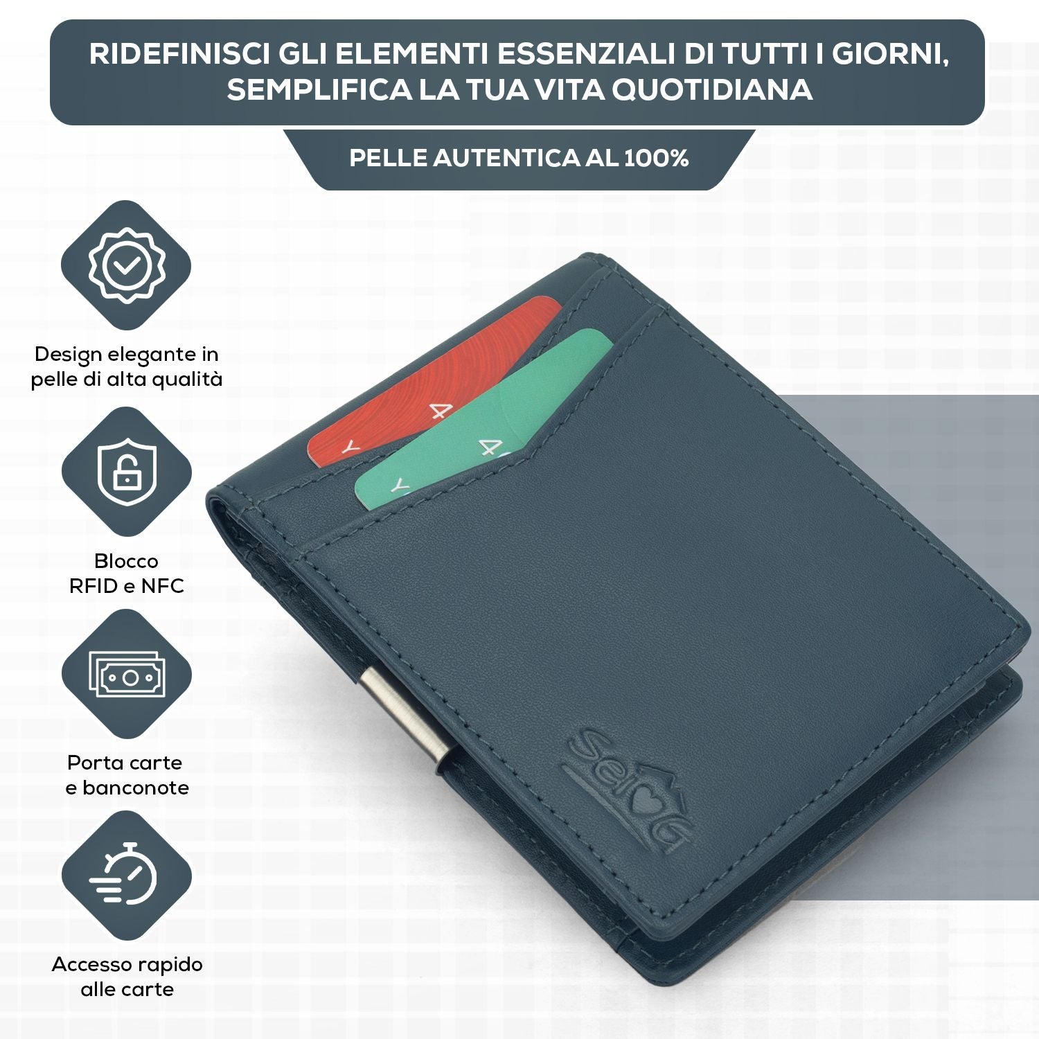 SEI G Portafoglio blu uomo portacarte blocco RFID Portafogli SEI G